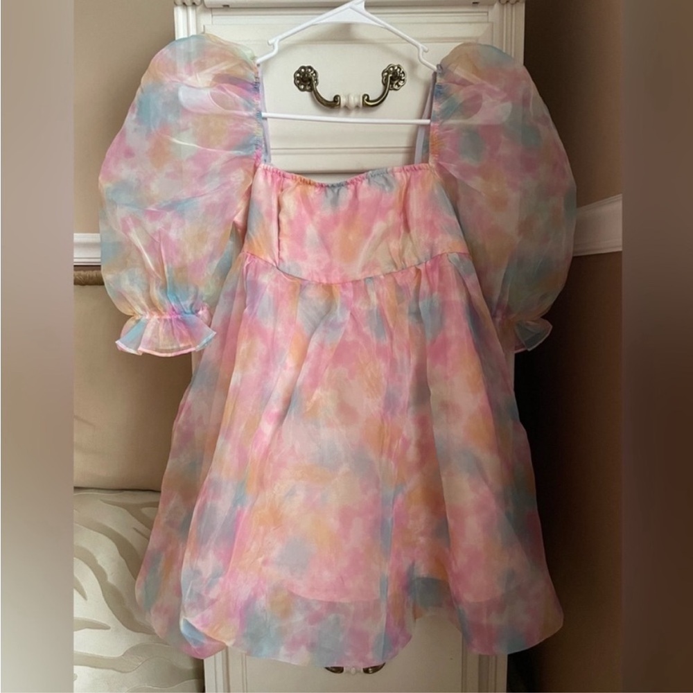 SHEIN Pastel Watercolor Puff Sleeve Mini Dress